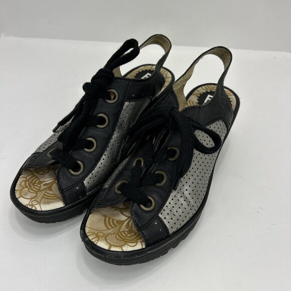 Fly London Yeki Women’s 39 8-8.5 Perforated Lace Up Wedge Sandals Silver / Black - Picture 1 of 11